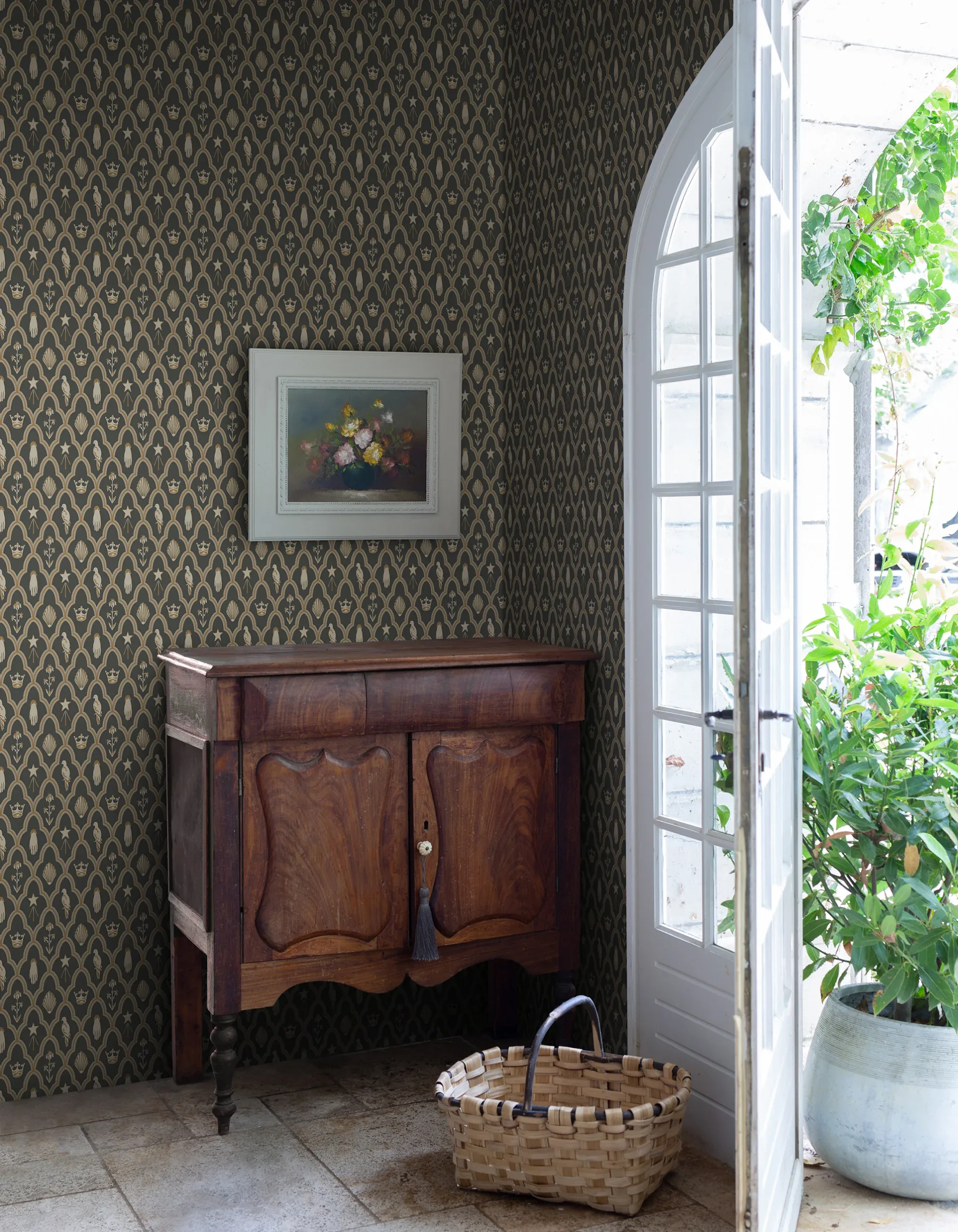 Turtledove Barn wallpaper in Charcoal color