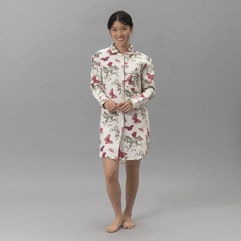 Schumacher Baudin Butterfly Linen Sleep Shirt in Ruby