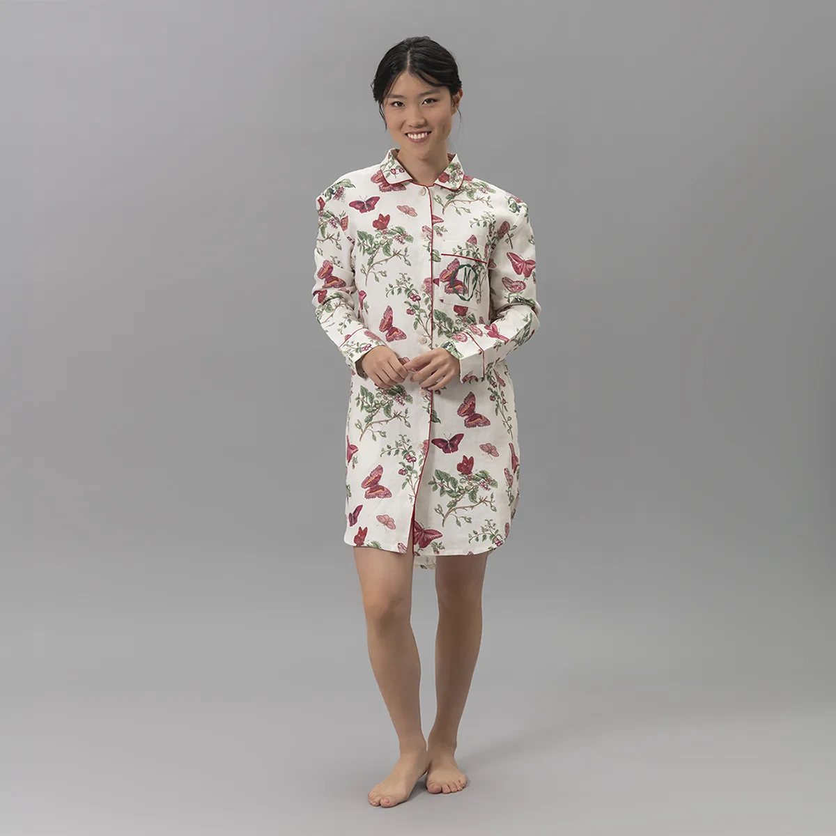 Schumacher Baudin Butterfly Linen Sleep Shirt in Ruby