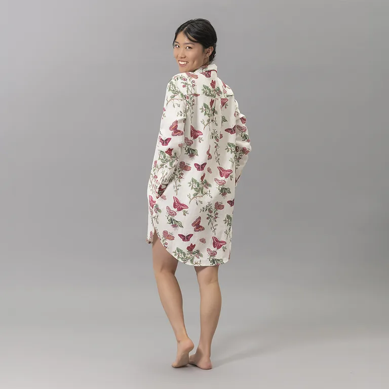 Schumacher Baudin Butterfly Linen Sleep Shirt in Ruby