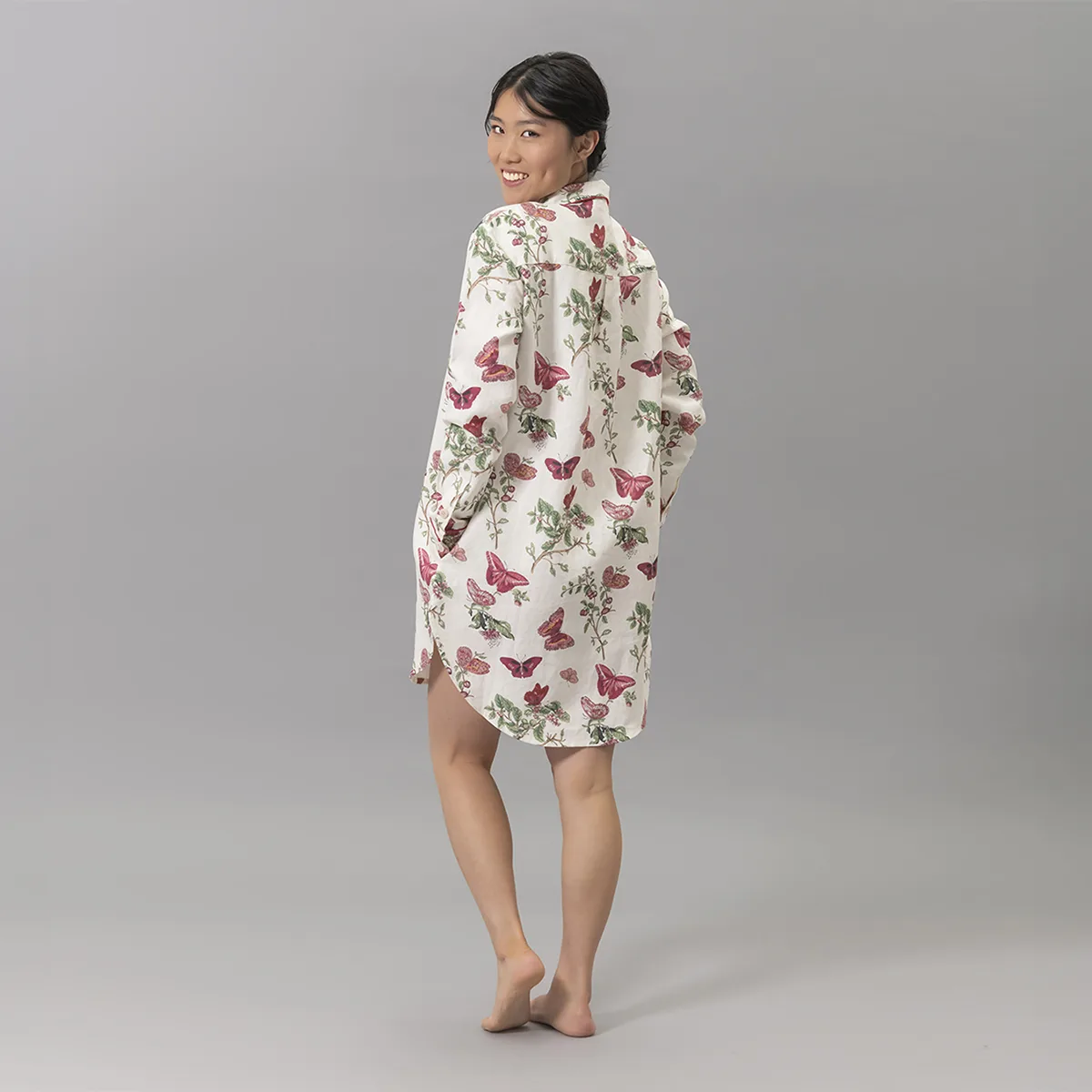 Schumacher Baudin Butterfly Linen Sleep Shirt in Ruby