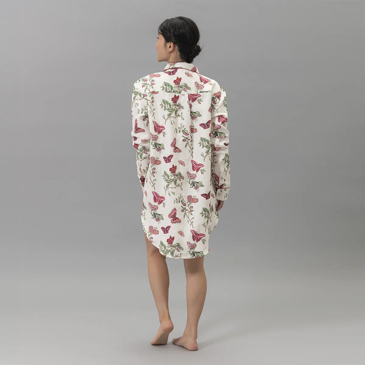 Schumacher Baudin Butterfly Linen Sleep Shirt in Ruby