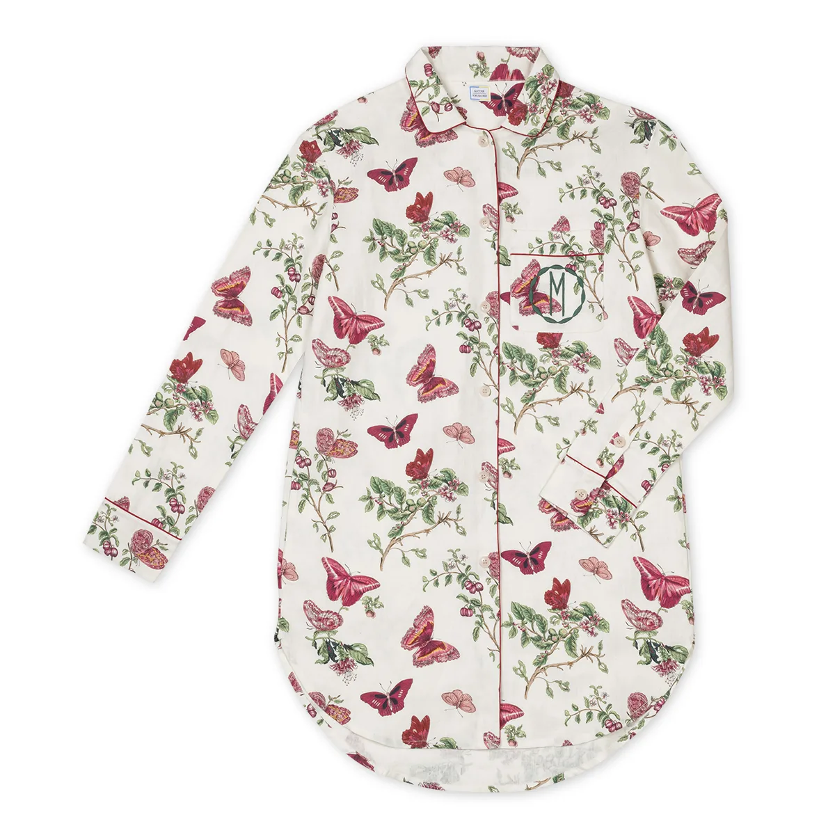 Schumacher Baudin Butterfly Linen Sleep Shirt in Ruby