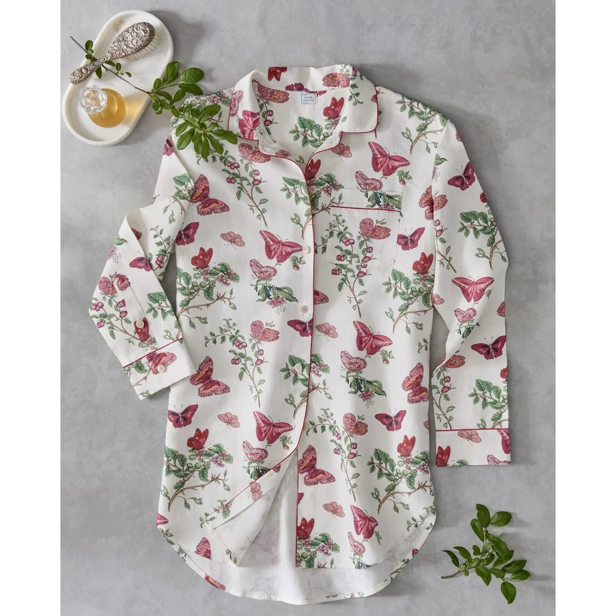 Schumacher Baudin Butterfly Linen Sleep Shirt in Ruby