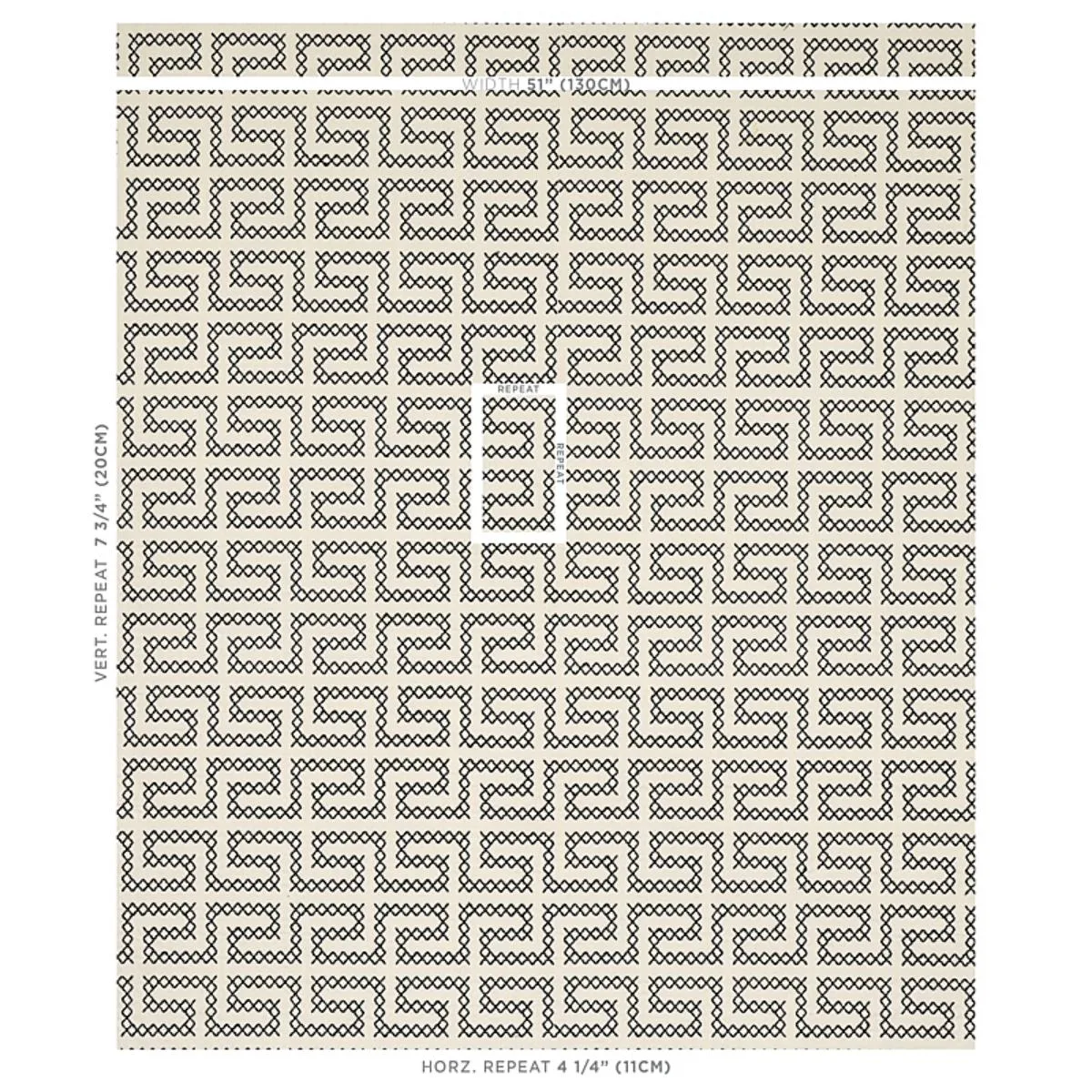 Schumacher 70230 A Maze Embroidery Black On Ivory fabric swatch