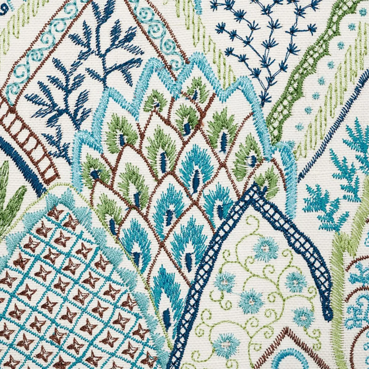 Schumacher 76311 Albizia Embroidery Blue & Green fabric swatch