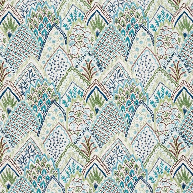 Schumacher 76311 Albizia Embroidery Blue & Green fabric swatch