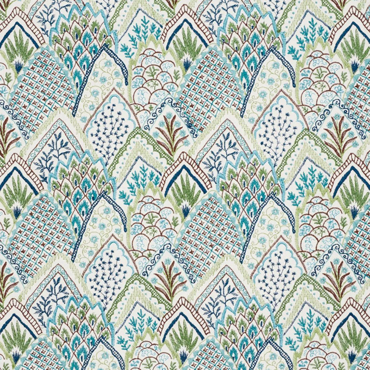 Schumacher 76311 Albizia Embroidery Blue & Green fabric swatch