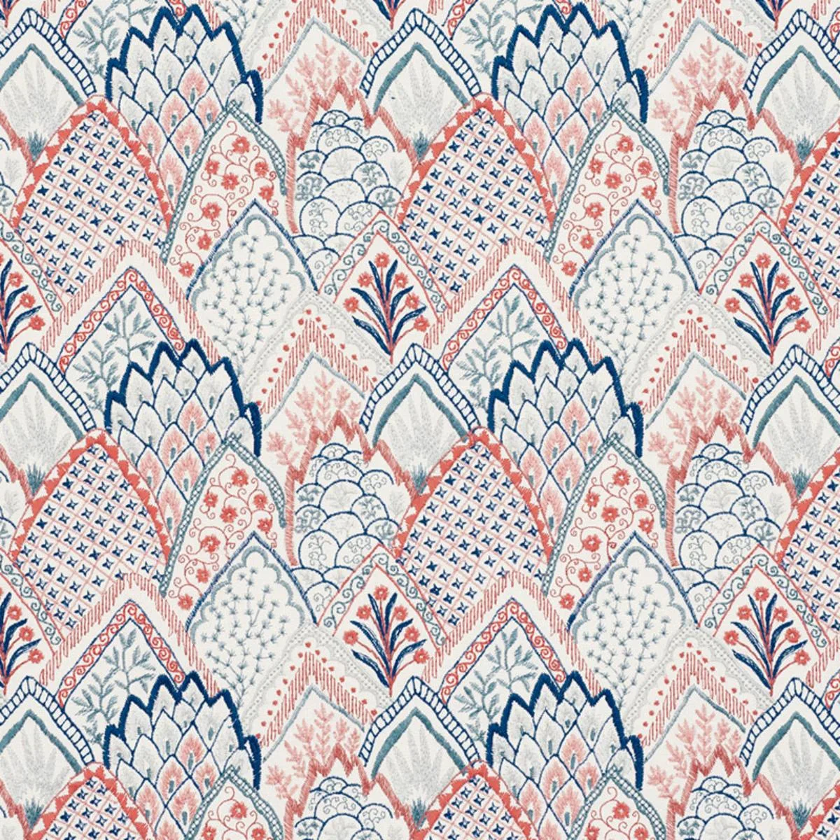 Schumacher 76310 Albizia Embroidery Delft & Rose fabric swatch