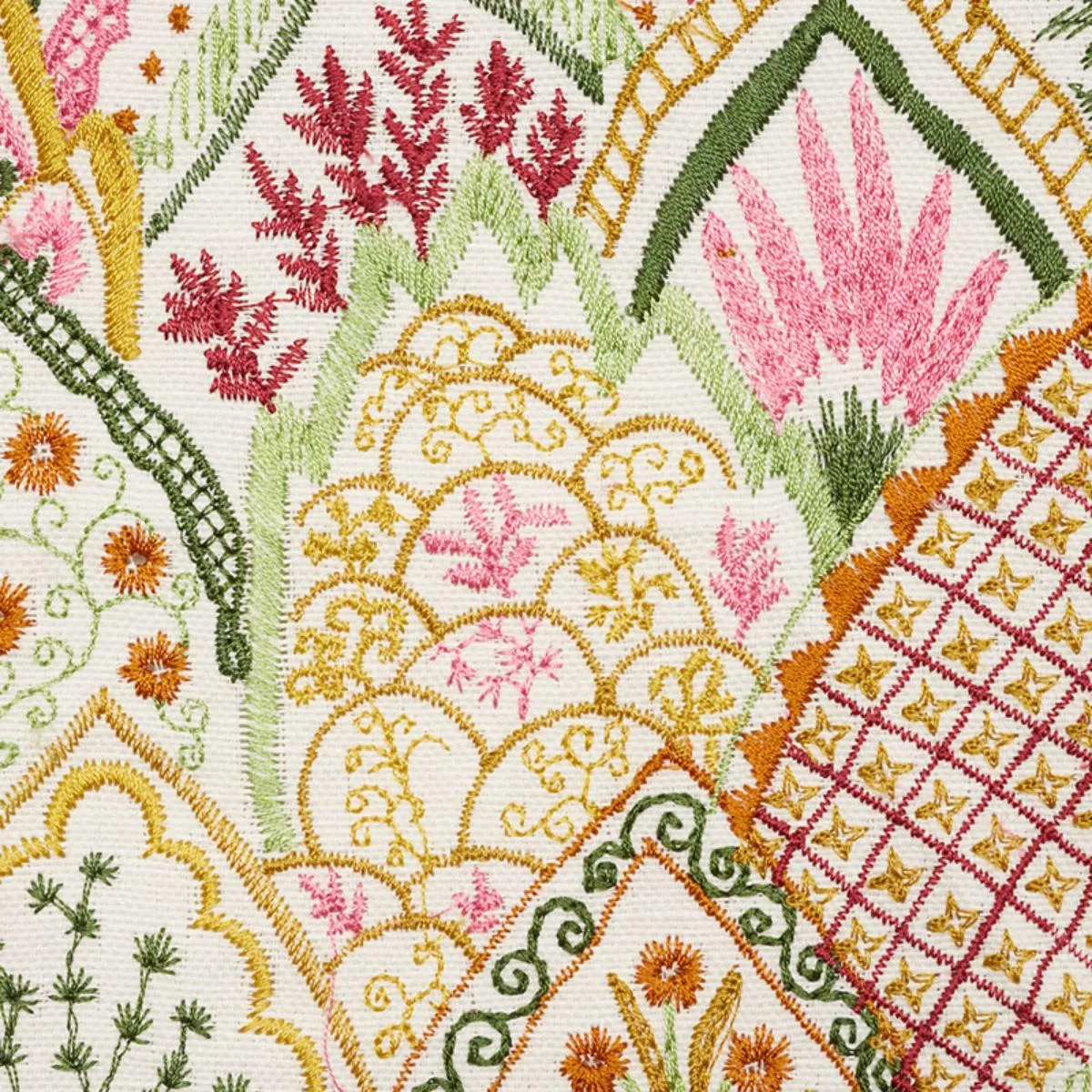 Schumacher 76312 Albizia Embroidery Pink & Leaf fabric swatch