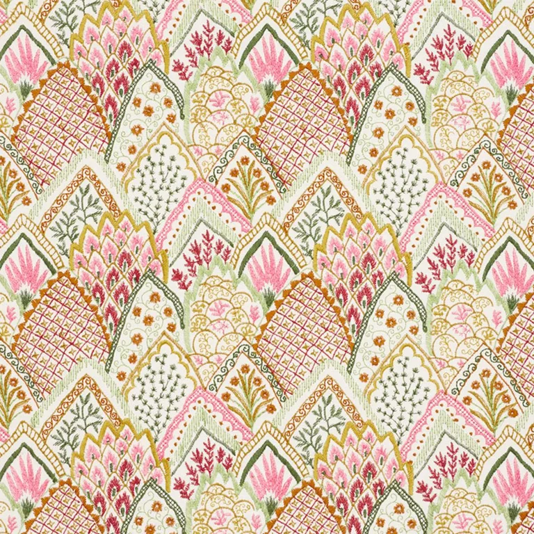 Schumacher 76312 Albizia Embroidery Pink & Leaf fabric swatch