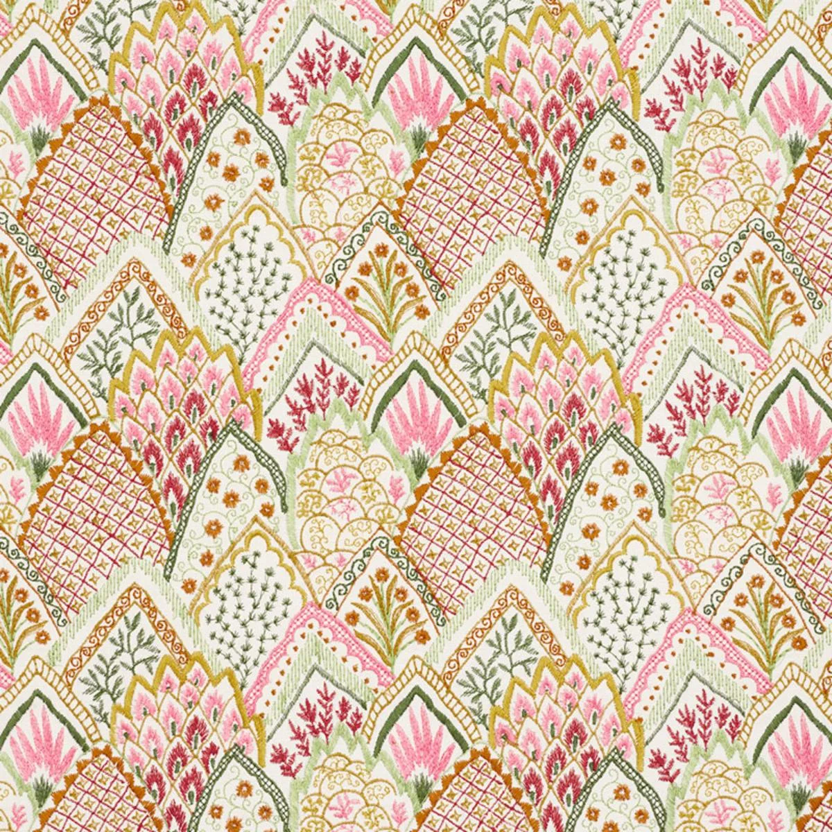 Schumacher 76312 Albizia Embroidery Pink & Leaf fabric swatch