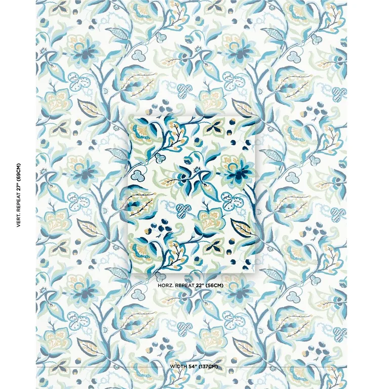 Schumacher 180970 Alexandra Vine Linen Navy & Leaf fabric swatch