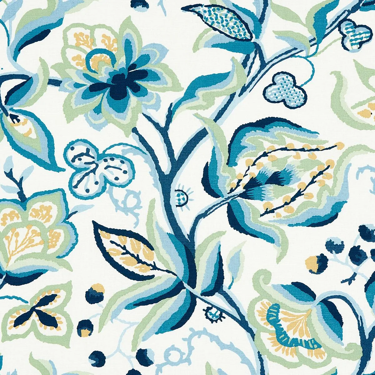 Schumacher 180970 Alexandra Vine Linen Navy & Leaf fabric swatch