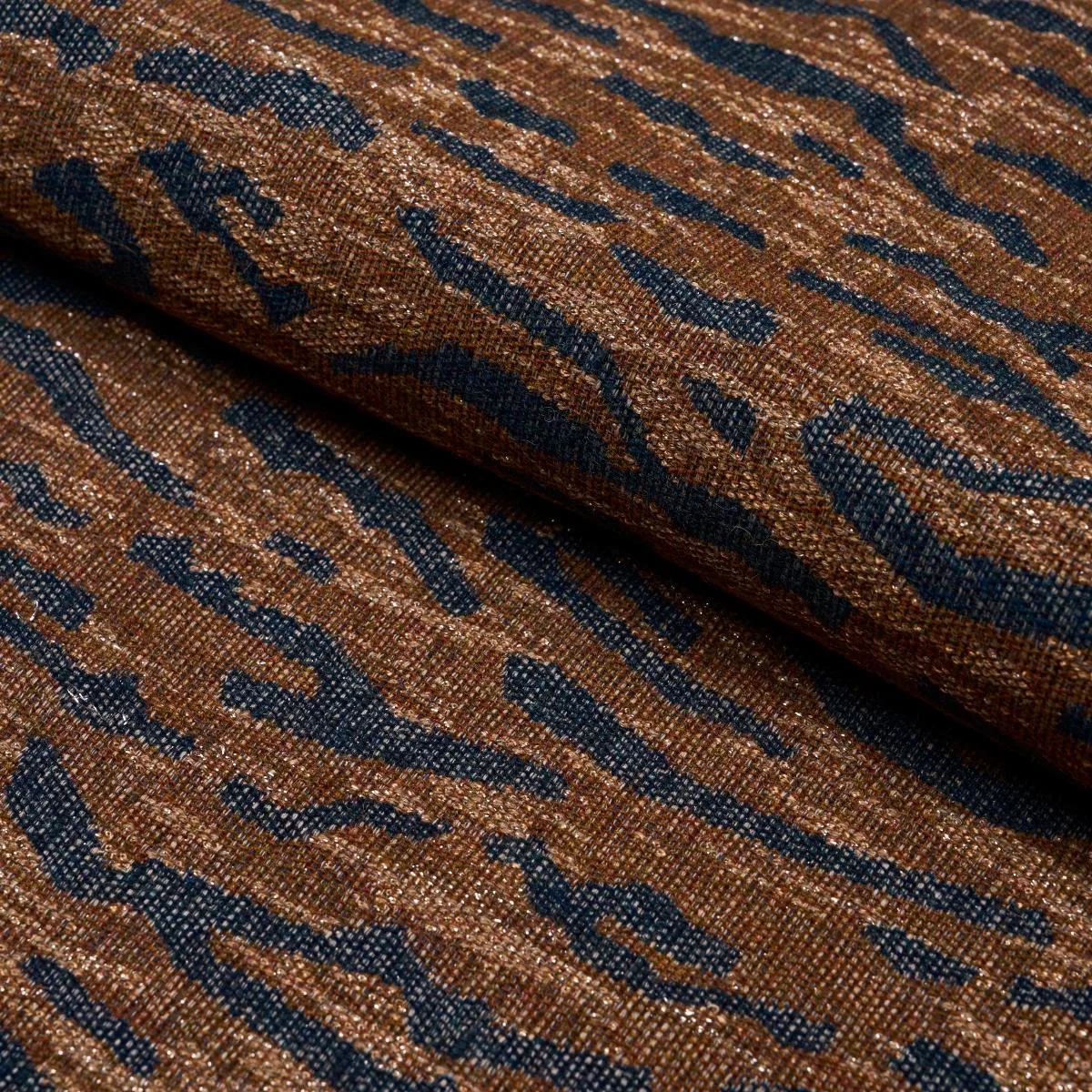 Schumacher 83970 Altamira Navy/Brown fabric swatch
