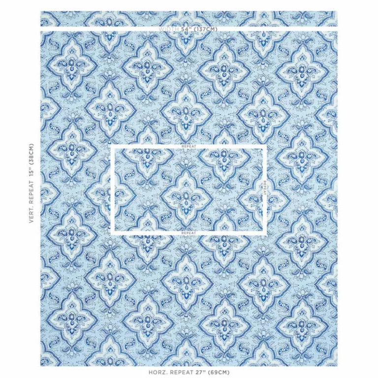 Schumacher 179440 Amalia Medallion Handmade Print Blue fabric swatch