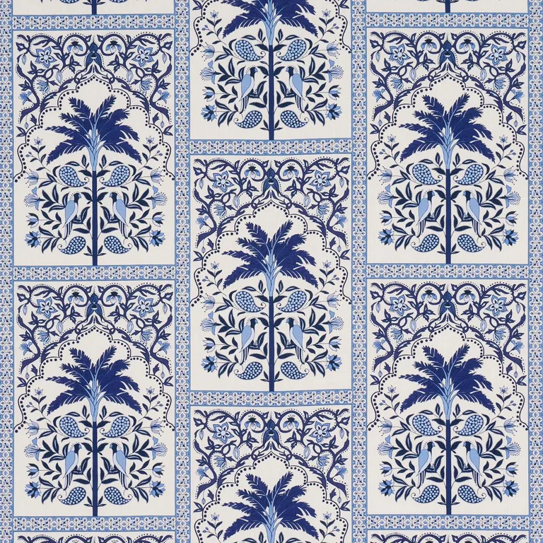 Schumacher 182571 Amazonas Mystique Tropical Shades Of Blue fabric swatch