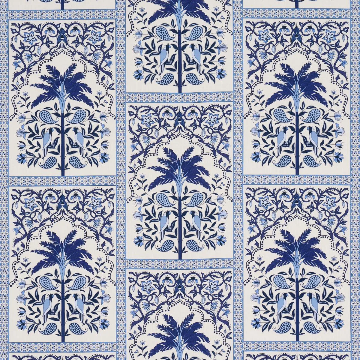 Schumacher 182571 Amazonas Mystique Tropical Shades Of Blue fabric swatch