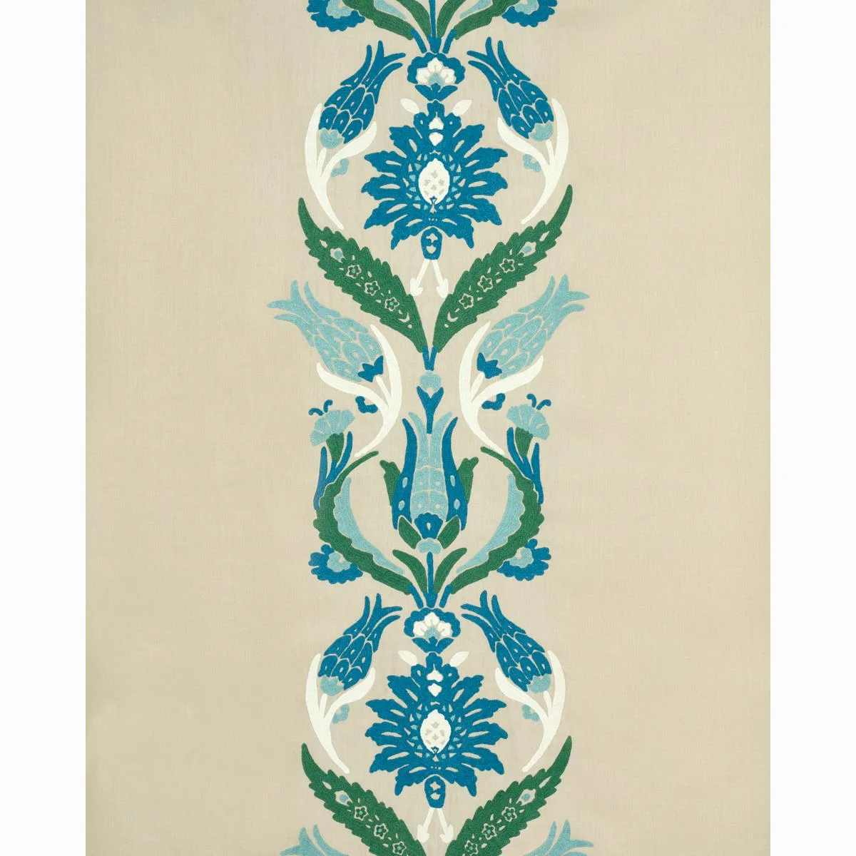 Schumacher 74141 Anagada Embroidery Peacock fabric swatch