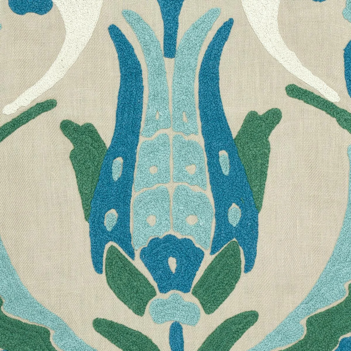 Schumacher 74141 Anagada Embroidery Peacock fabric swatch