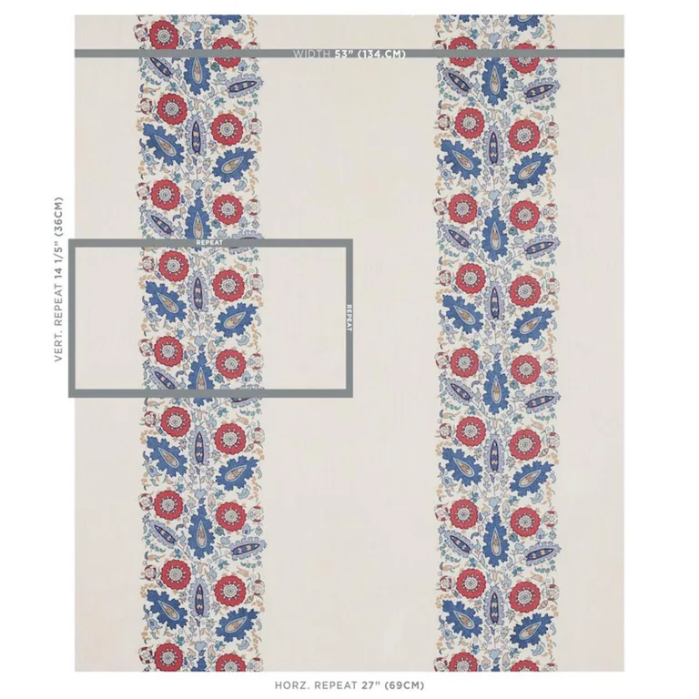 Schumacher 80750 Anatolia Embroidery Blue & Red fabric swatch