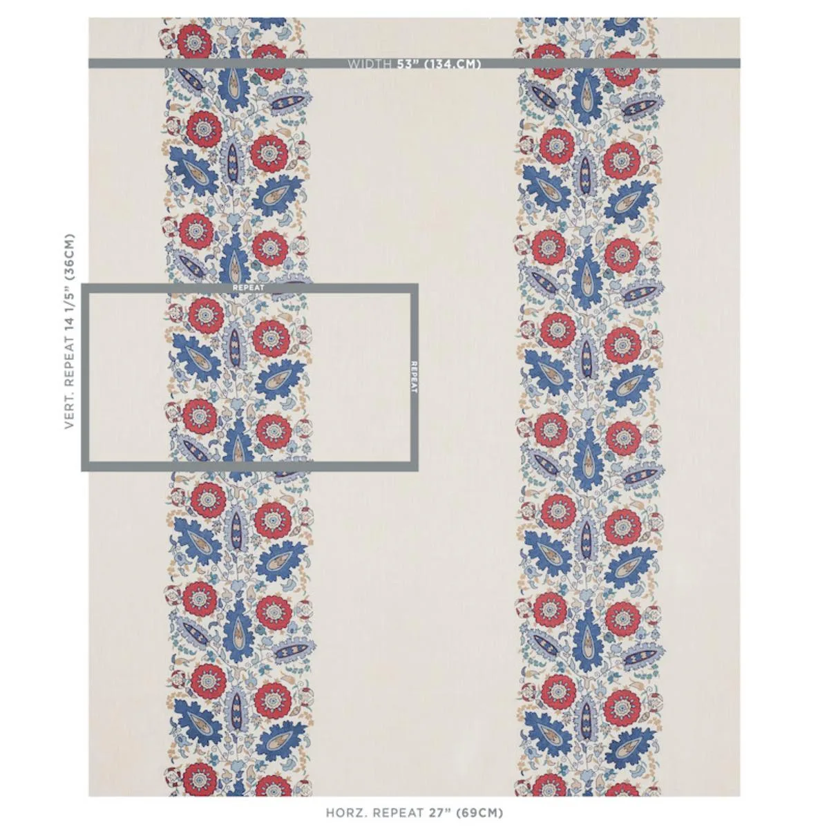 Schumacher 80750 Anatolia Embroidery Blue & Red fabric swatch