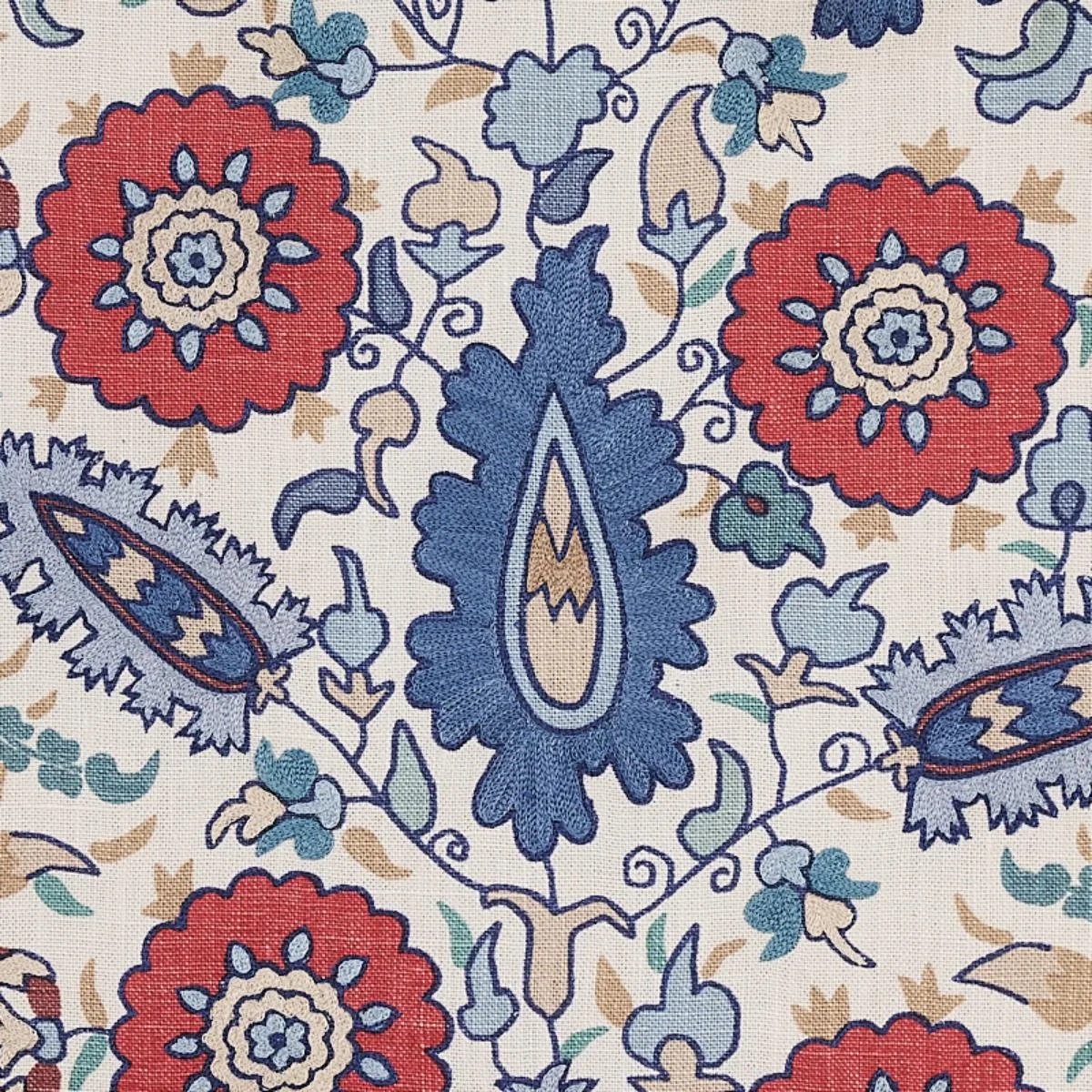 Schumacher 80750 Anatolia Embroidery Blue & Red fabric swatch