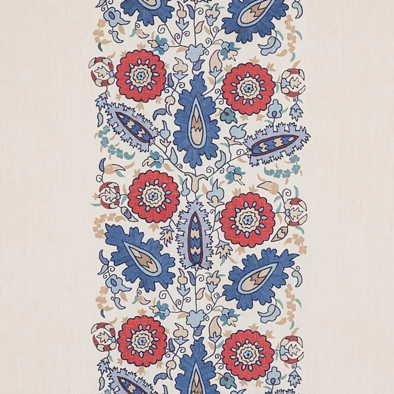 Schumacher 80750 Anatolia Embroidery Blue & Red fabric swatch