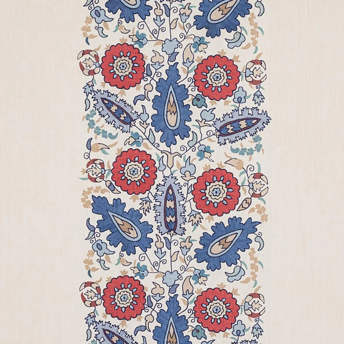 Schumacher 80750 Anatolia Embroidery Blue & Red fabric swatch