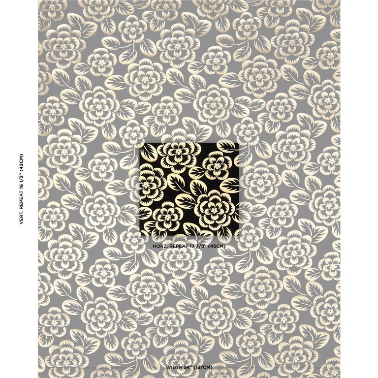 Schumacher 180871 Angelica Floral Gold & Noir fabric swatch