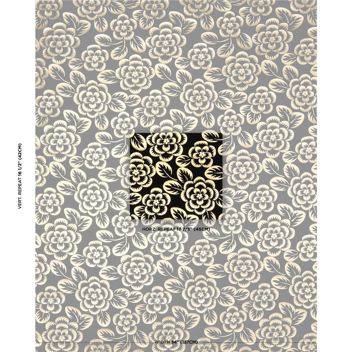 Schumacher 180871 Angelica Floral Gold & Noir fabric swatch