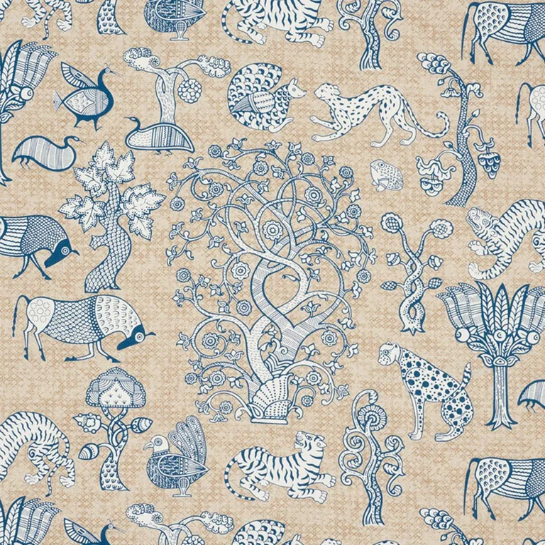 Schumacher 178320 Animalia Blue & Natural fabric swatch