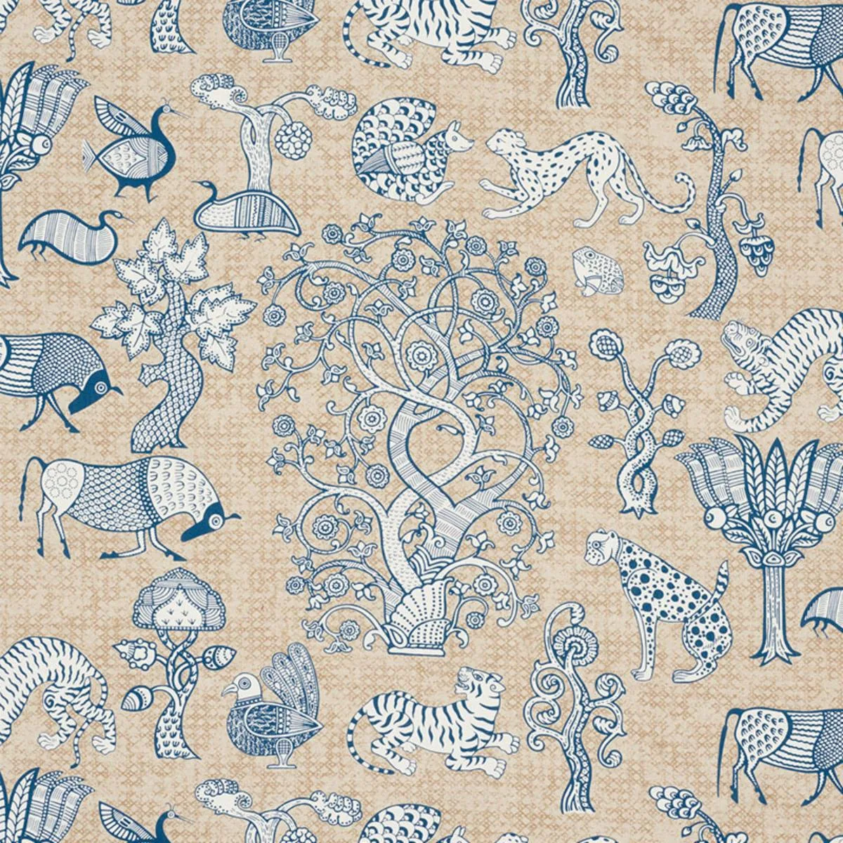 Schumacher 178320 Animalia Blue & Natural fabric swatch