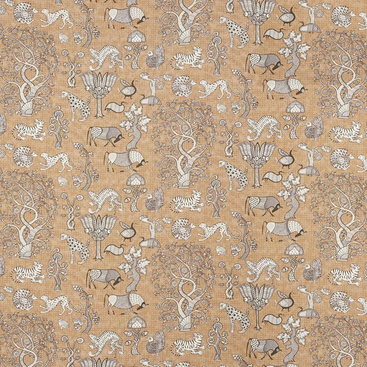 Schumacher 178322 Animalia Carbon & Sienna fabric swatch