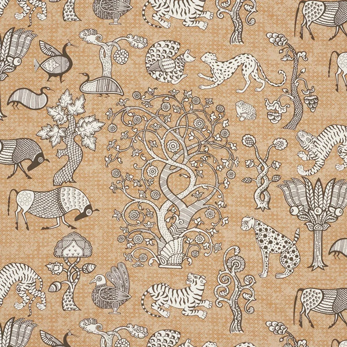 Schumacher 178322 Animalia Carbon & Sienna fabric swatch