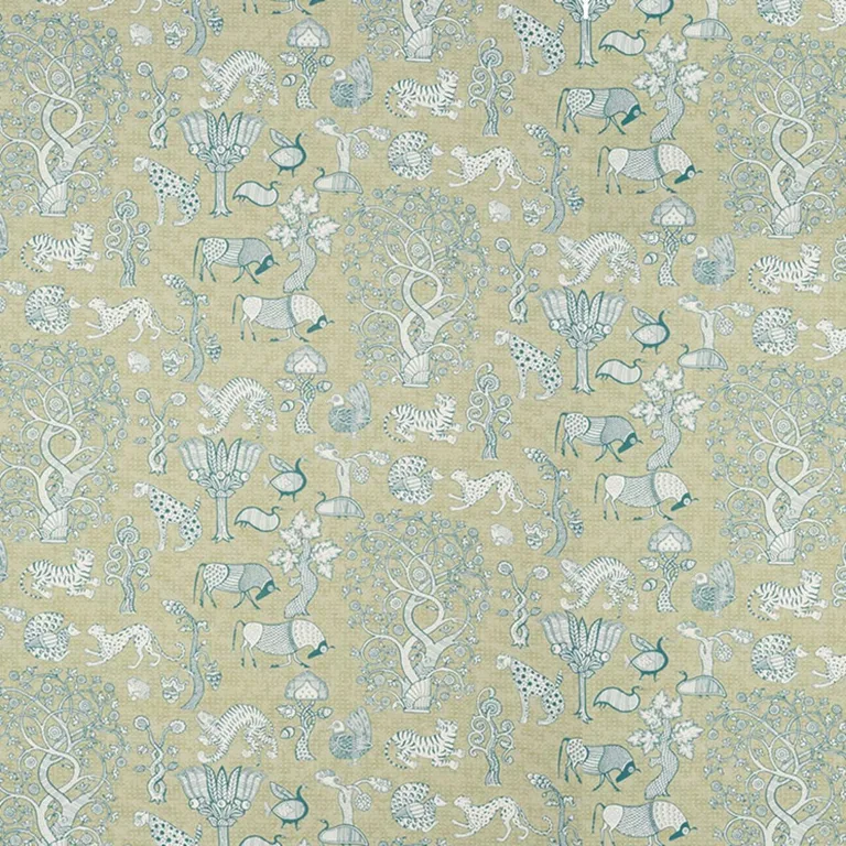 Schumacher 178321 Animalia Peacock & Leaf fabric swatch