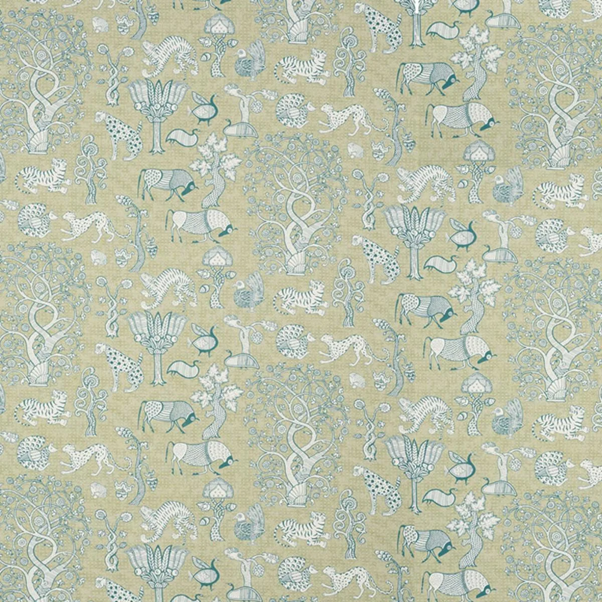 Schumacher 178321 Animalia Peacock & Leaf fabric swatch
