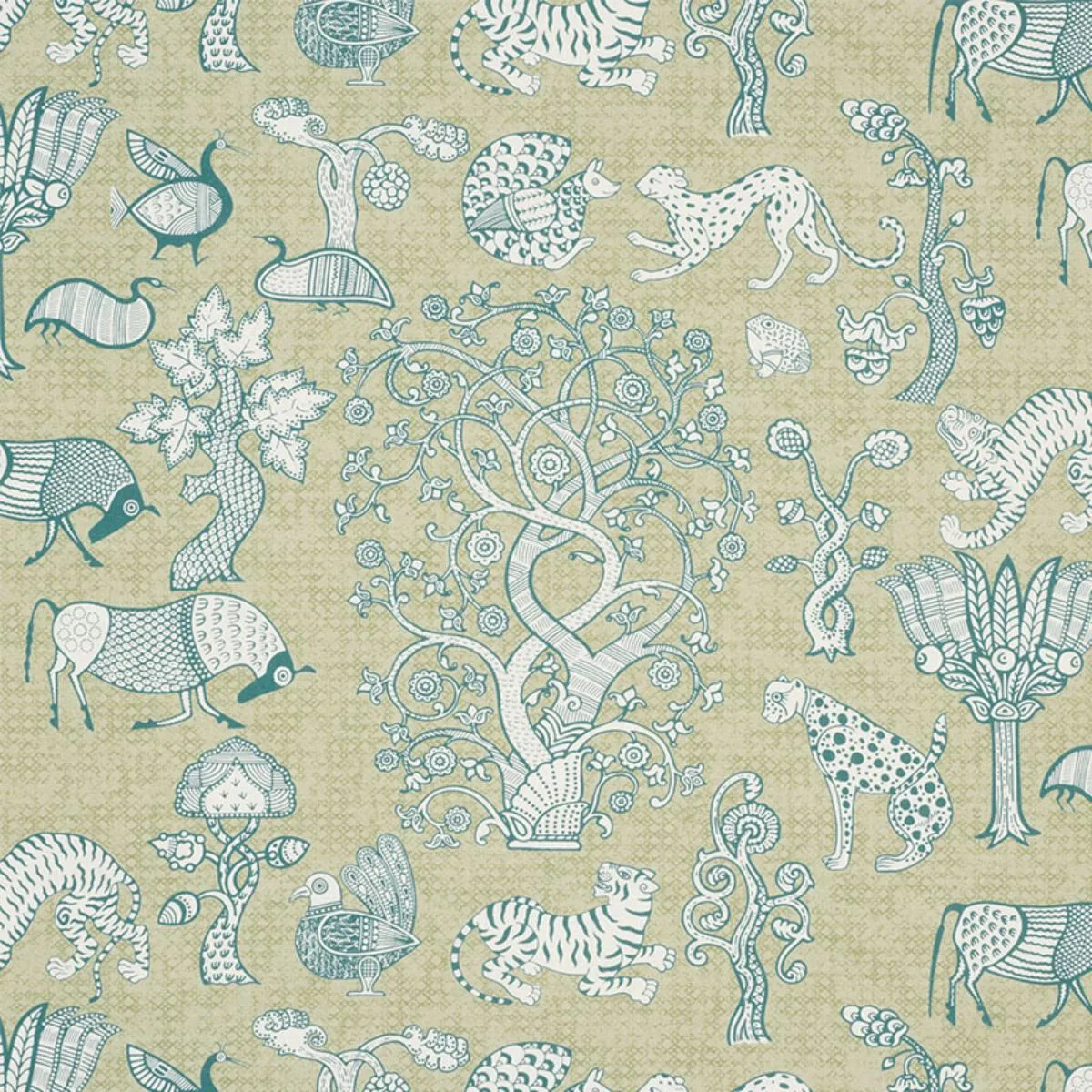 Schumacher 178321 Animalia Peacock & Leaf fabric swatch