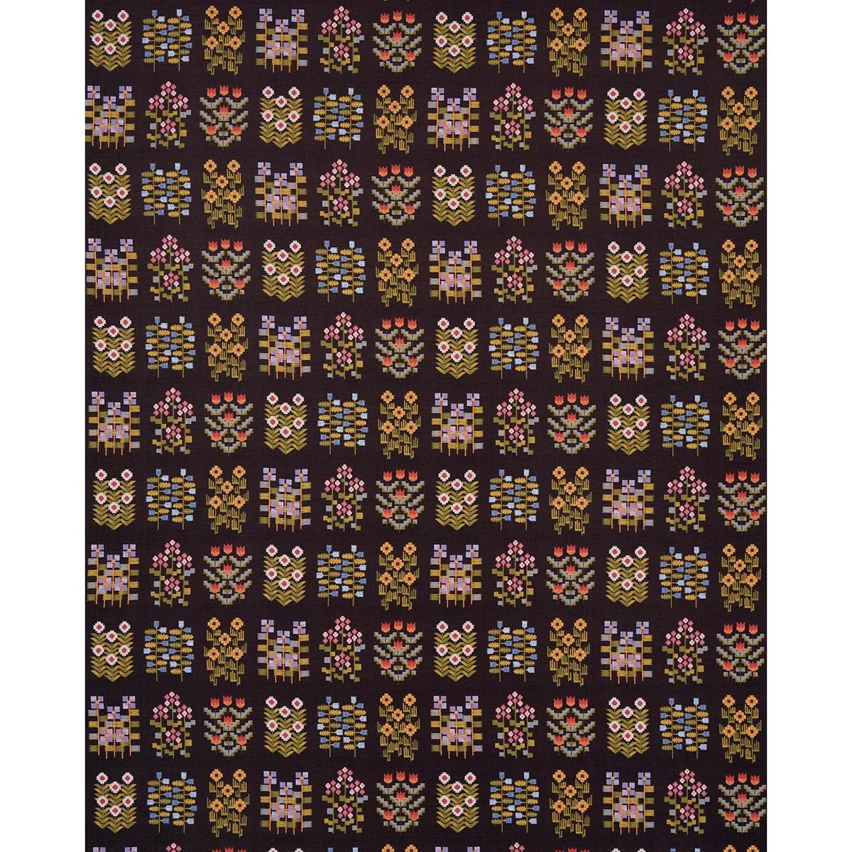 Schumacher 81972 Annika Floral Tapestry Multi On Espresso fabric swatch