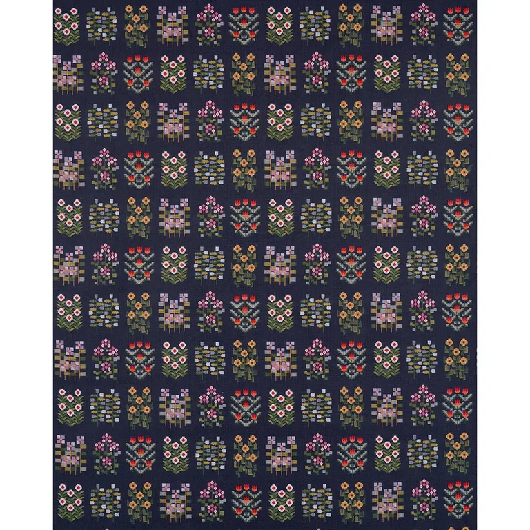 Schumacher 81971 Annika Floral Tapestry Multi On Navy fabric swatch