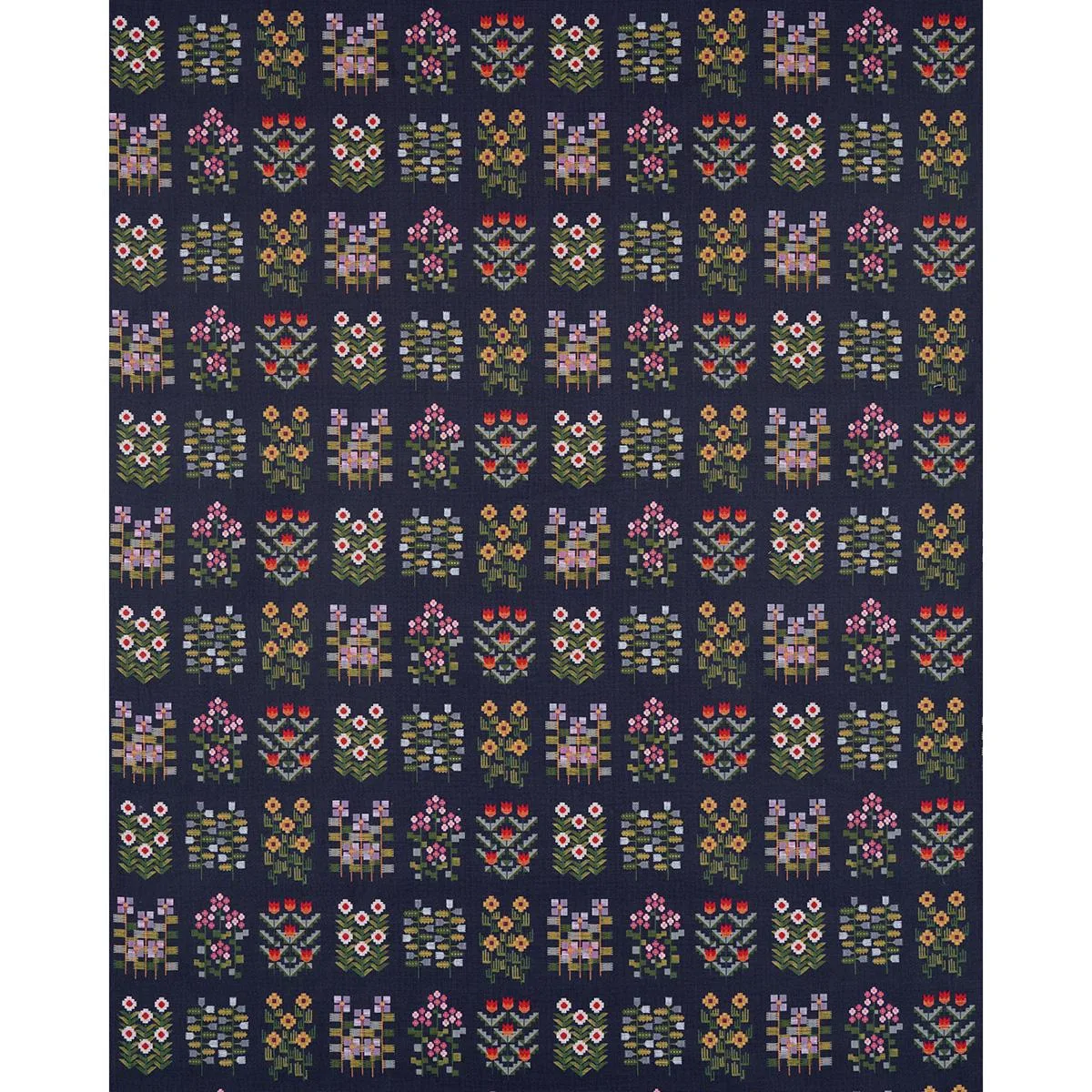Schumacher 81971 Annika Floral Tapestry Multi On Navy fabric swatch