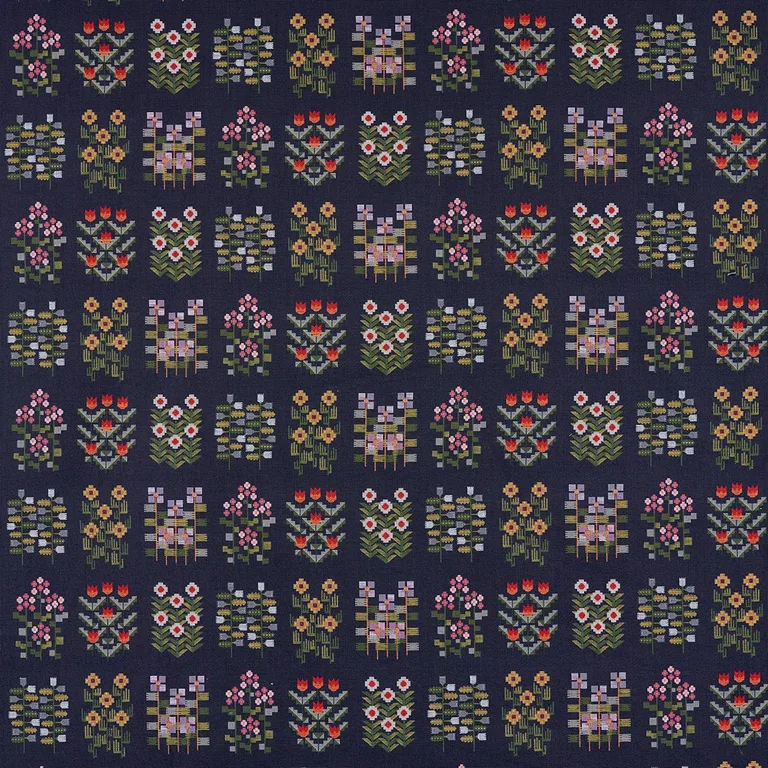 Schumacher 81971 Annika Floral Tapestry Multi On Navy fabric swatch