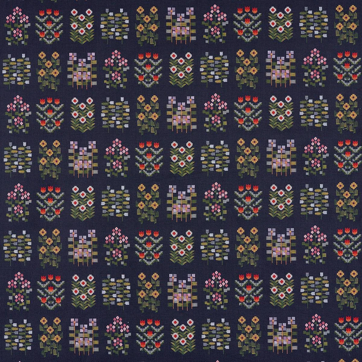 Schumacher 81971 Annika Floral Tapestry Multi On Navy fabric swatch