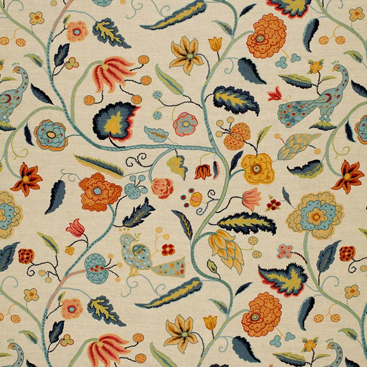 Schumacher 1307000 Apsley Vine Apricot & Teal fabric swatch