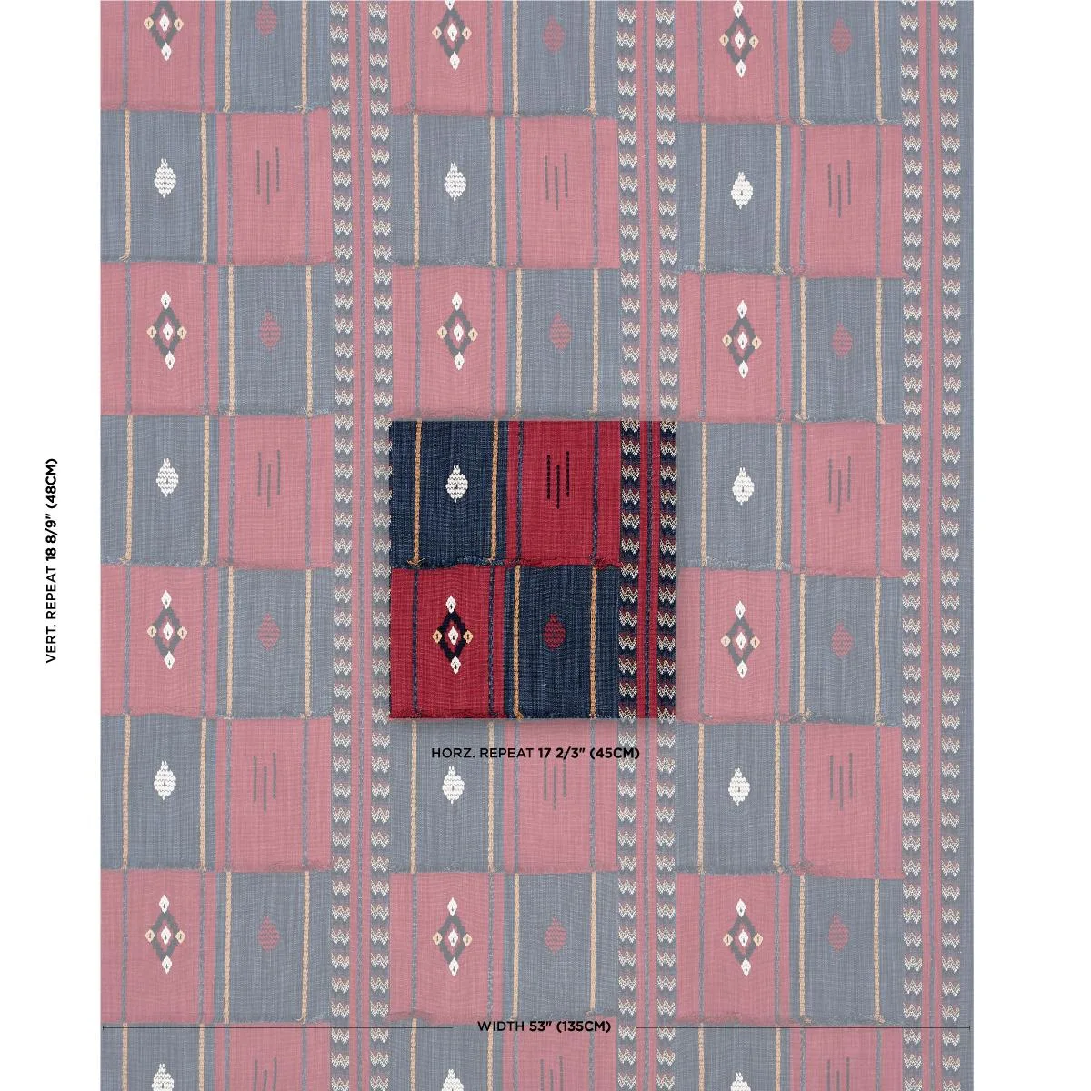 Schumacher 82091 Aravali Patchwork Cerise And Ink fabric swatch