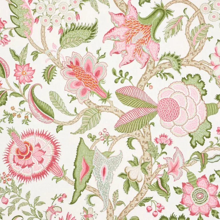 Schumacher 177371 Arborvitae Pink & Leaf fabric swatch