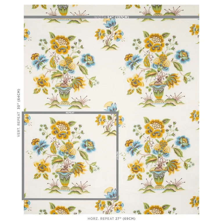Schumacher 180042 Ashford Linen Ochre And Sky fabric swatch
