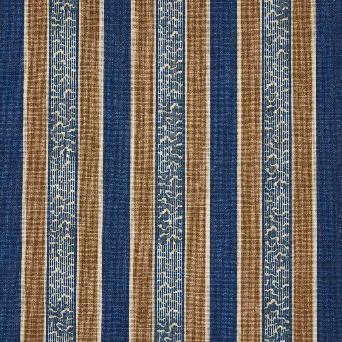 Schumacher 181710 Auguste Stripe Marine & Cognac fabric swatch