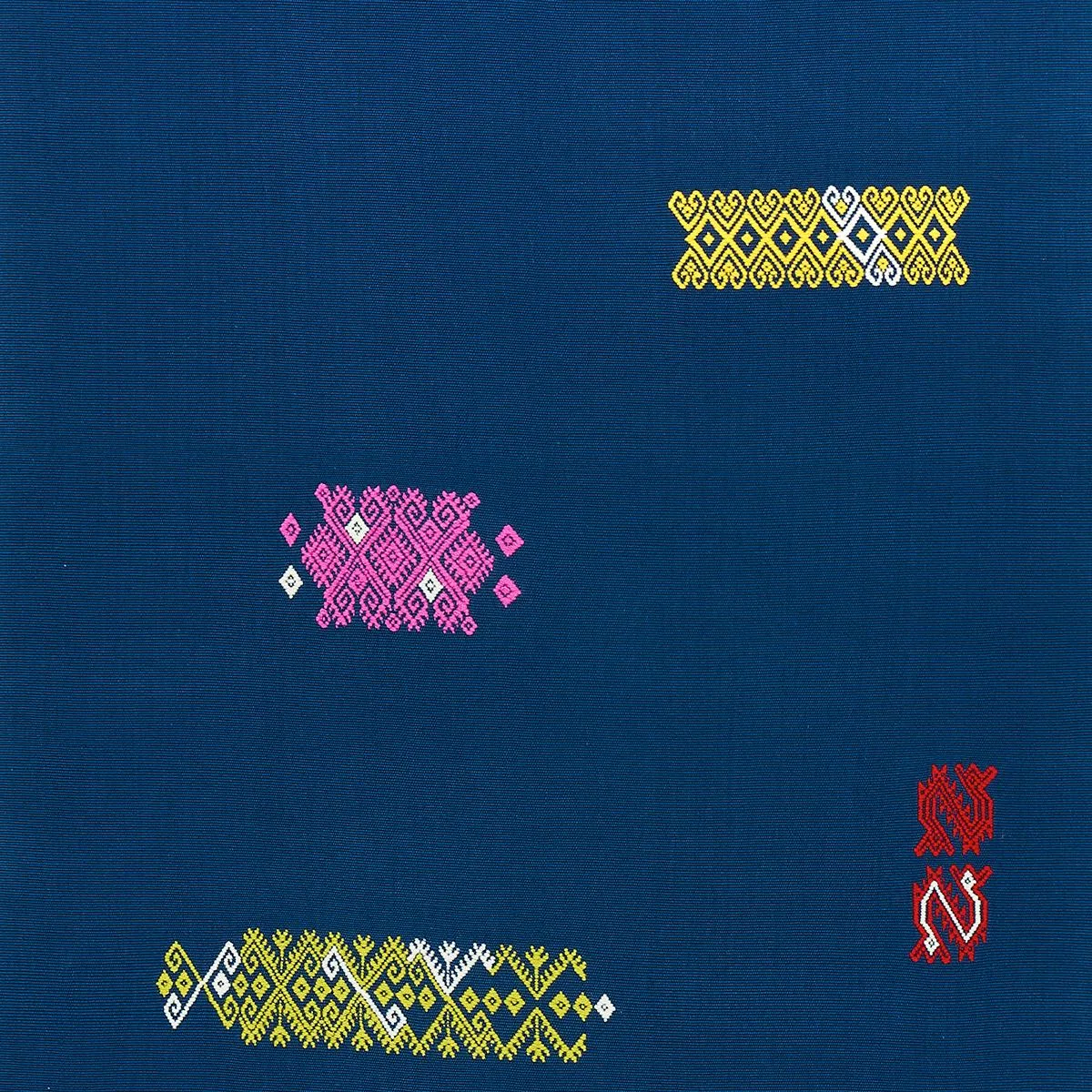 Schumacher 82041 Balamil Handwoven Panel Multi On Navy fabric swatch