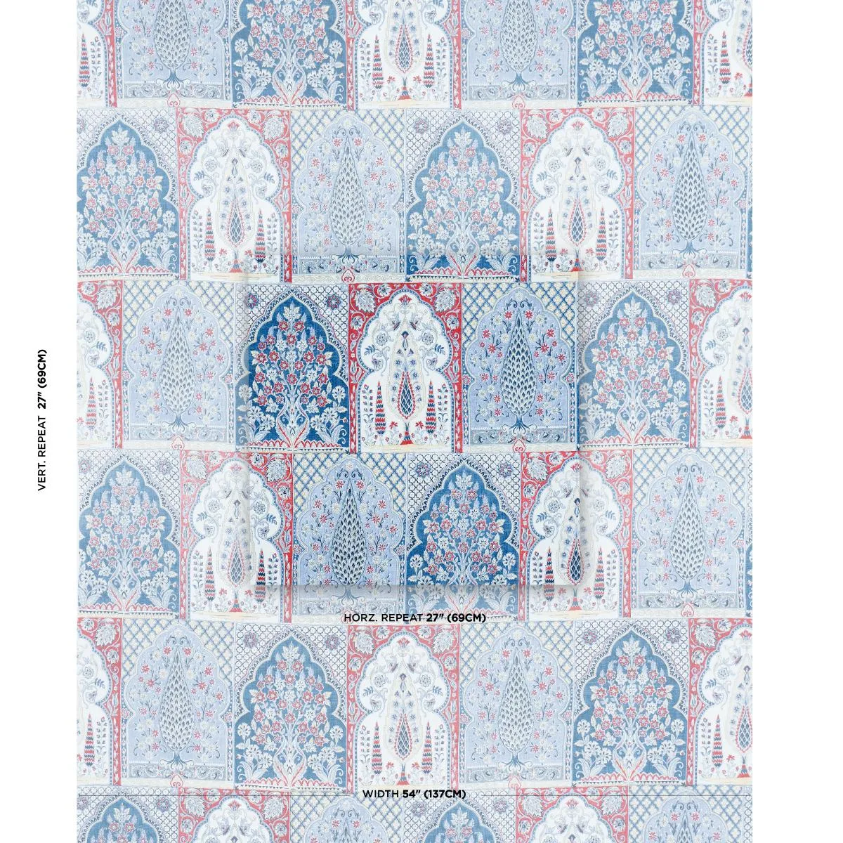 Schumacher 181311 Barra Palace Indigo & Crimson fabric swatch